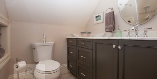 Hall bathroom design with two-piece toilet