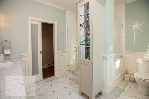 Bathroom design with coastal glass