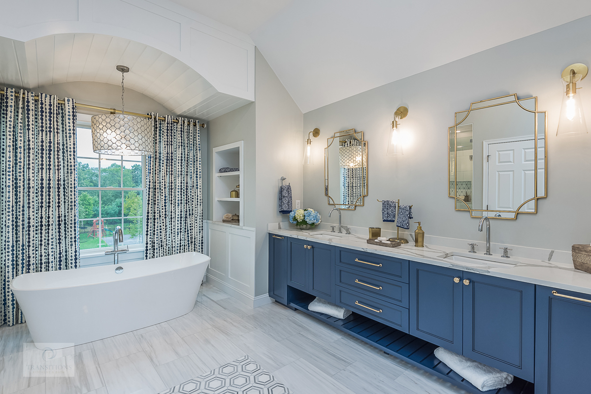 Blue Master Bath with Gold Velvet X Stool - Transitional - Bathroom