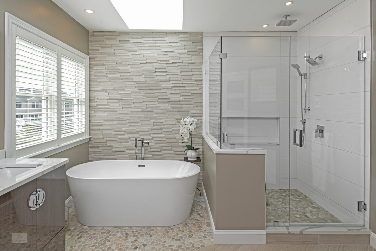 master bath design with large shower and freestanding tub