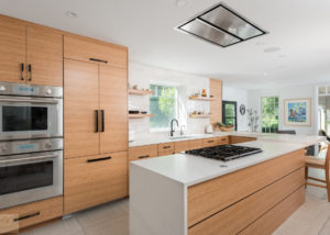 U-shaped kitchen design with modern wood cabinets
